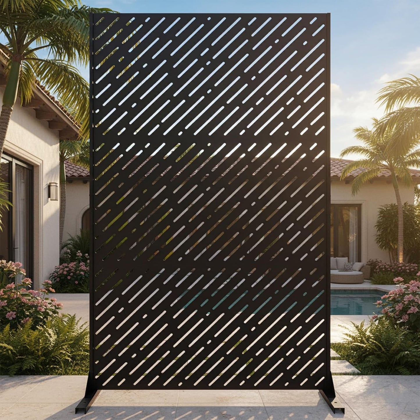 6FT Outdoor Metal Privacy Screen – Decorative Privacy Fence and Room/Garden Divider, Weather-Resistant Freestanding Panel with Stand, Durable Steel for Patio, Garden, Balcony, or Backyard