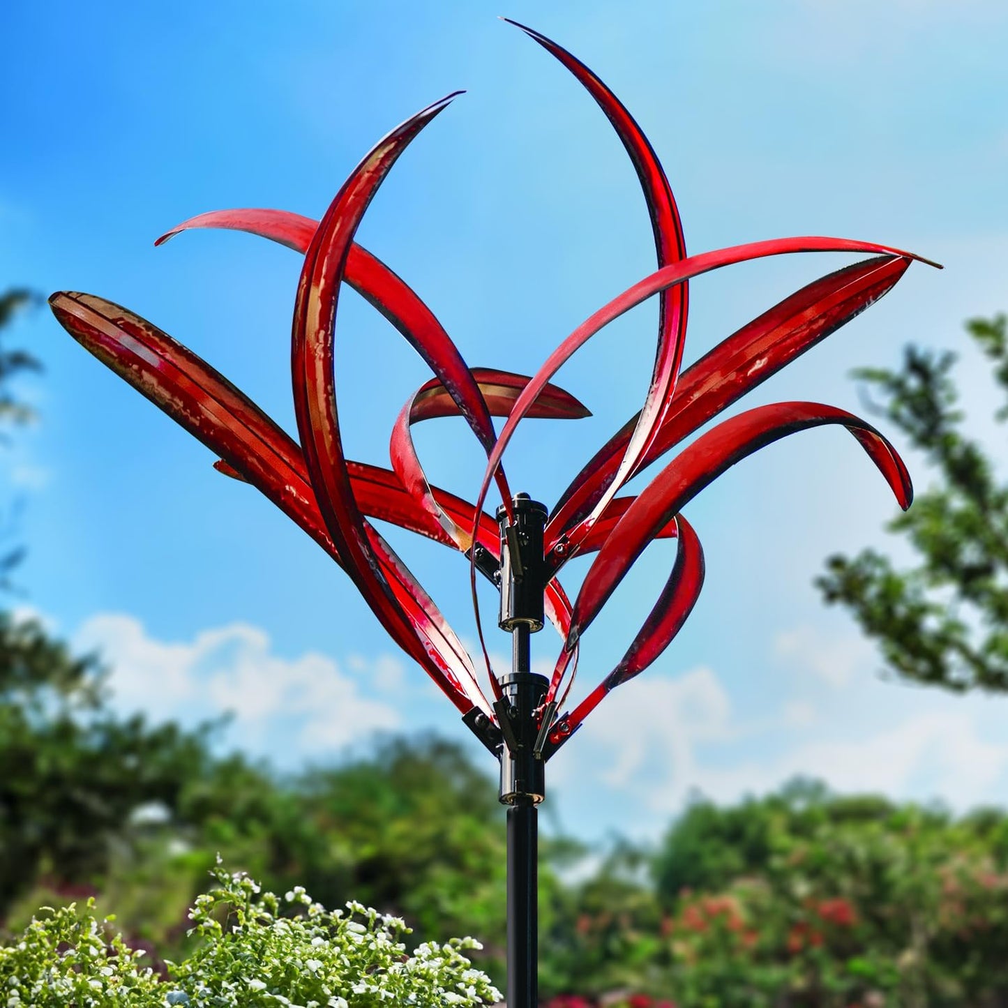 LimeHill Wind Spinner for Garden and Yard - Large Metal Kinetic Wind Sculptures for Outdoor Decor (91 Inches, Burgundy Lotus)
