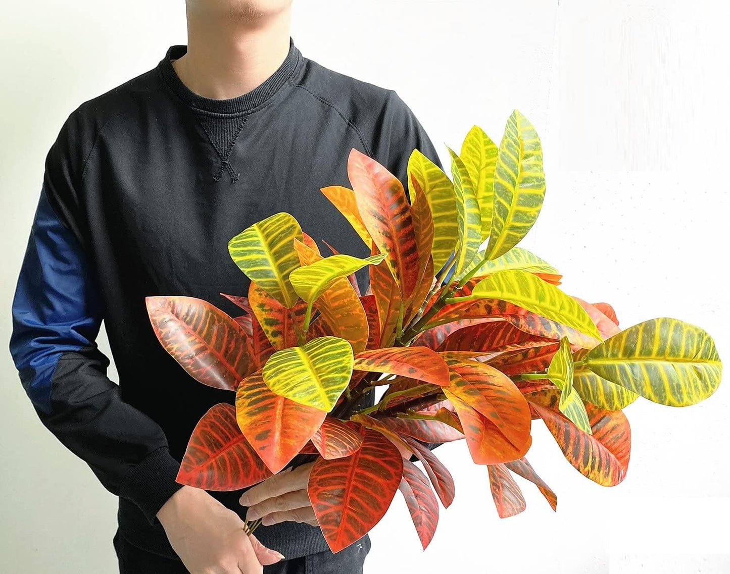 Magrowie Artificial Croton Plant Leaf Branches Lifelike Tropical Houseplant Bush Stems for Home Office Decoration (Orange - Pack of 4)