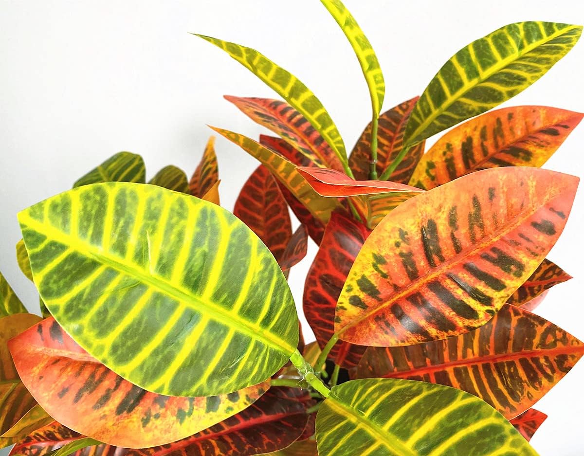 Magrowie Artificial Croton Plant Leaf Branches Lifelike Tropical Houseplant Bush Stems for Home Office Decoration (Orange - Pack of 4)
