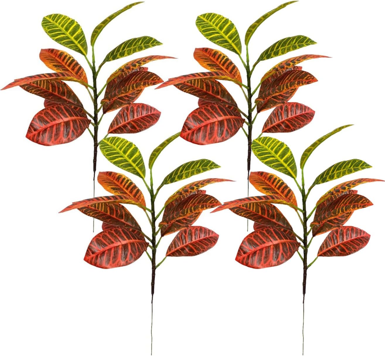 Magrowie Artificial Croton Plant Leaf Branches Lifelike Tropical Houseplant Bush Stems for Home Office Decoration (Orange - Pack of 4)