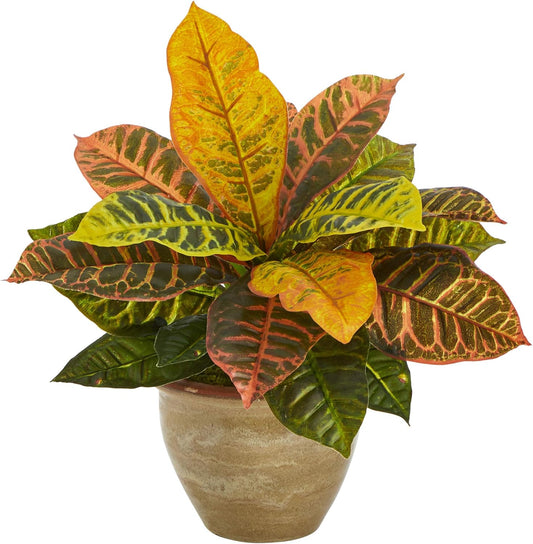 Nearly Natural 15in. Garden Croton Artificial Plant in Ceramic Planter (Real Touch)