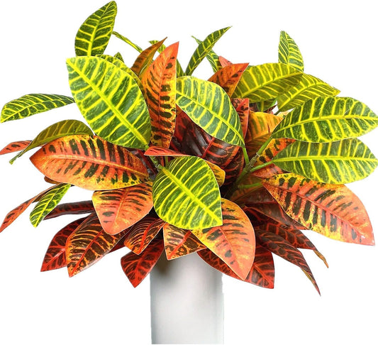 Magrowie Artificial Croton Plant Leaf Branches Lifelike Tropical Houseplant Bush Stems for Home Office Decoration (Orange - Pack of 4)
