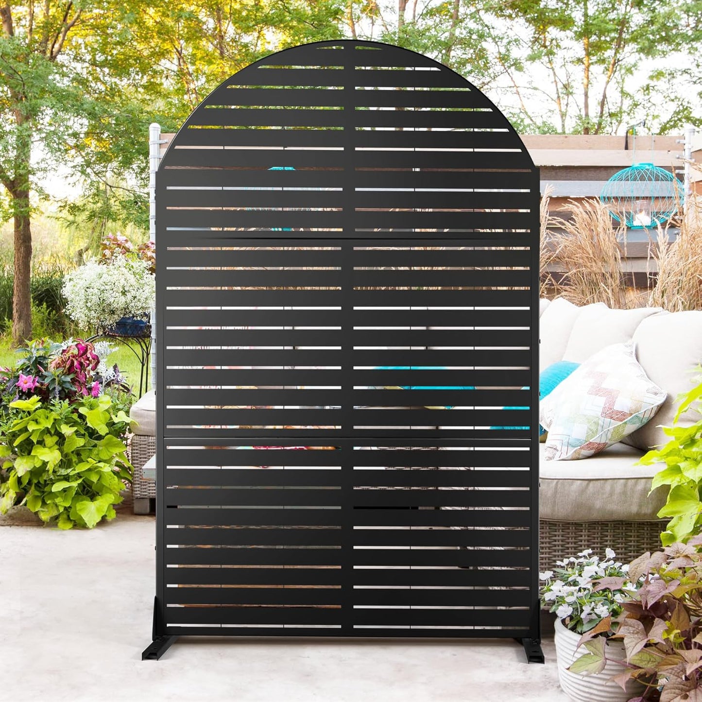 Metal Privacy Screen Outdoor 72" H×47" W,Freestanding Decorative Privacy Screen for Balcony Yard&Garden,Privacy Fence-Black&Louvered