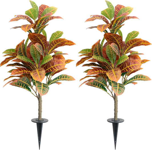 35inch Artificial Croton Plant with Ground Spike, 2 Pack Artificial Plants Outdoors Front Porch, Lifelike Faux Fiddle Leaf Fig Tree for Home Garden Yard Decor
